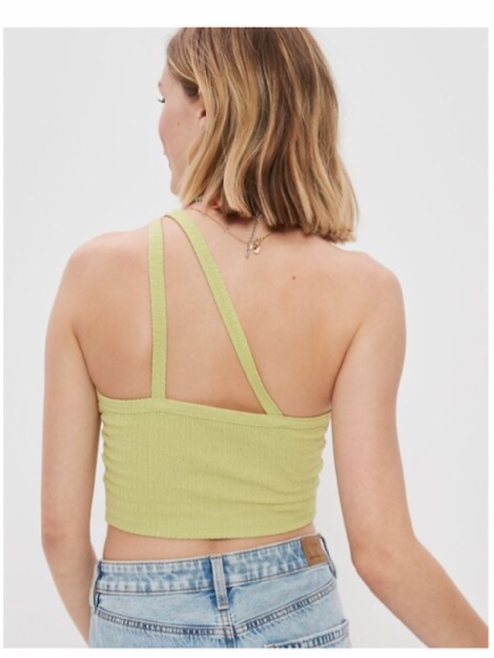 American Eagle One Shoulder Back Straps Green Textured Smocked Tank S Summer